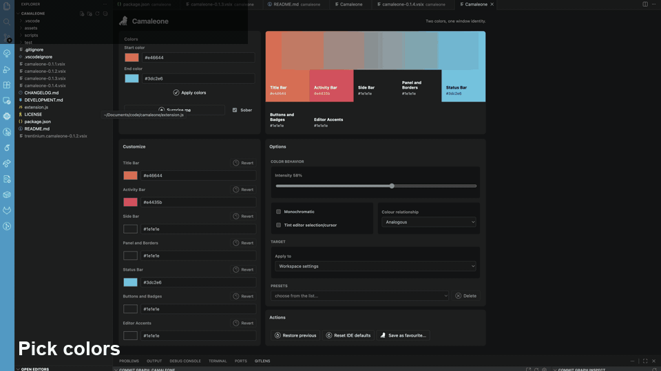 Camaleone animated walkthrough showing the picker, preview, customization, presets, and saved favourites