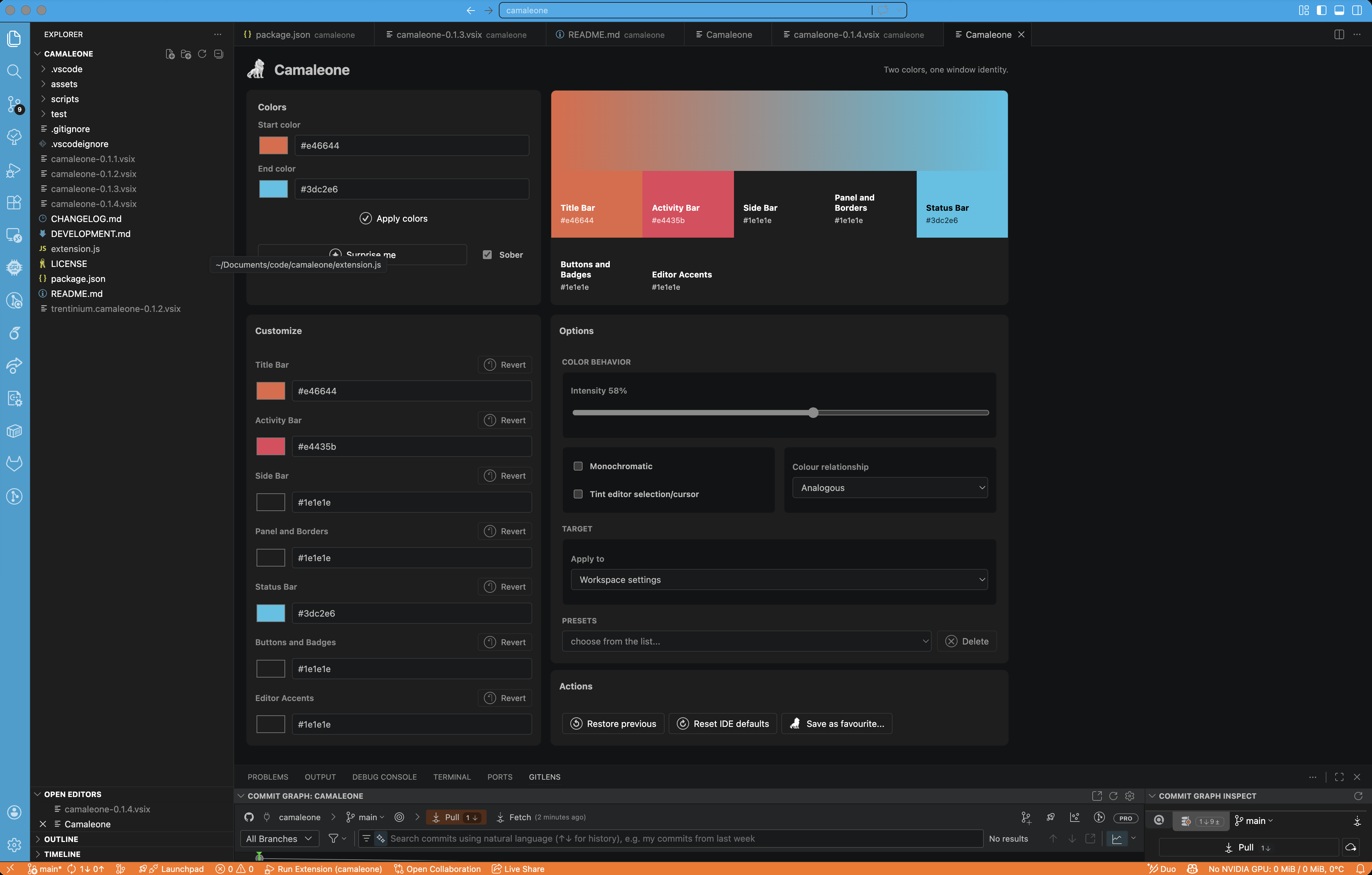 Camaleone orange and cyan palette with custom surface controls and options