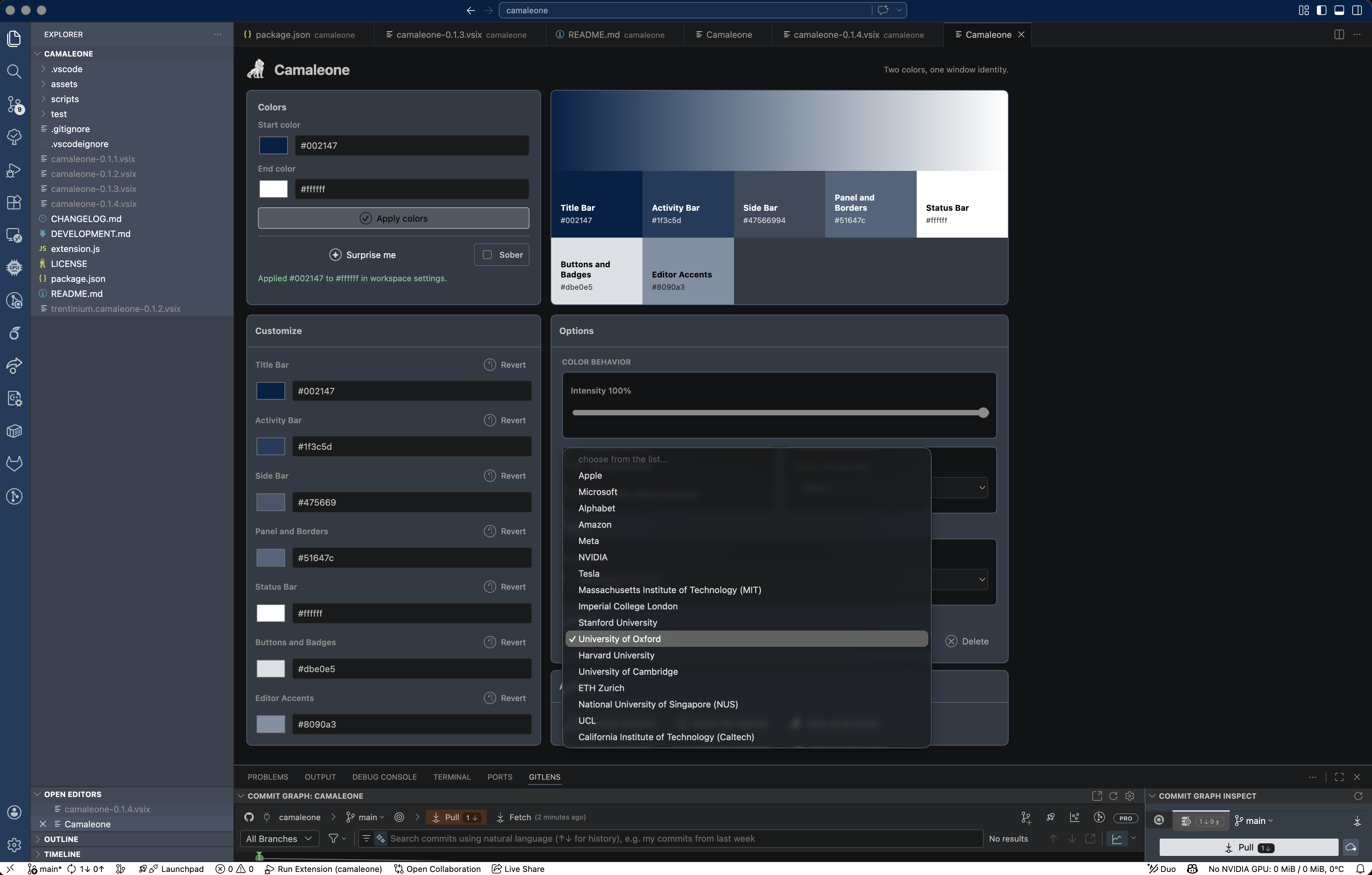 Camaleone marketplace hero showing the Oxford preset dropdown, blue workbench accents, and generated palette preview