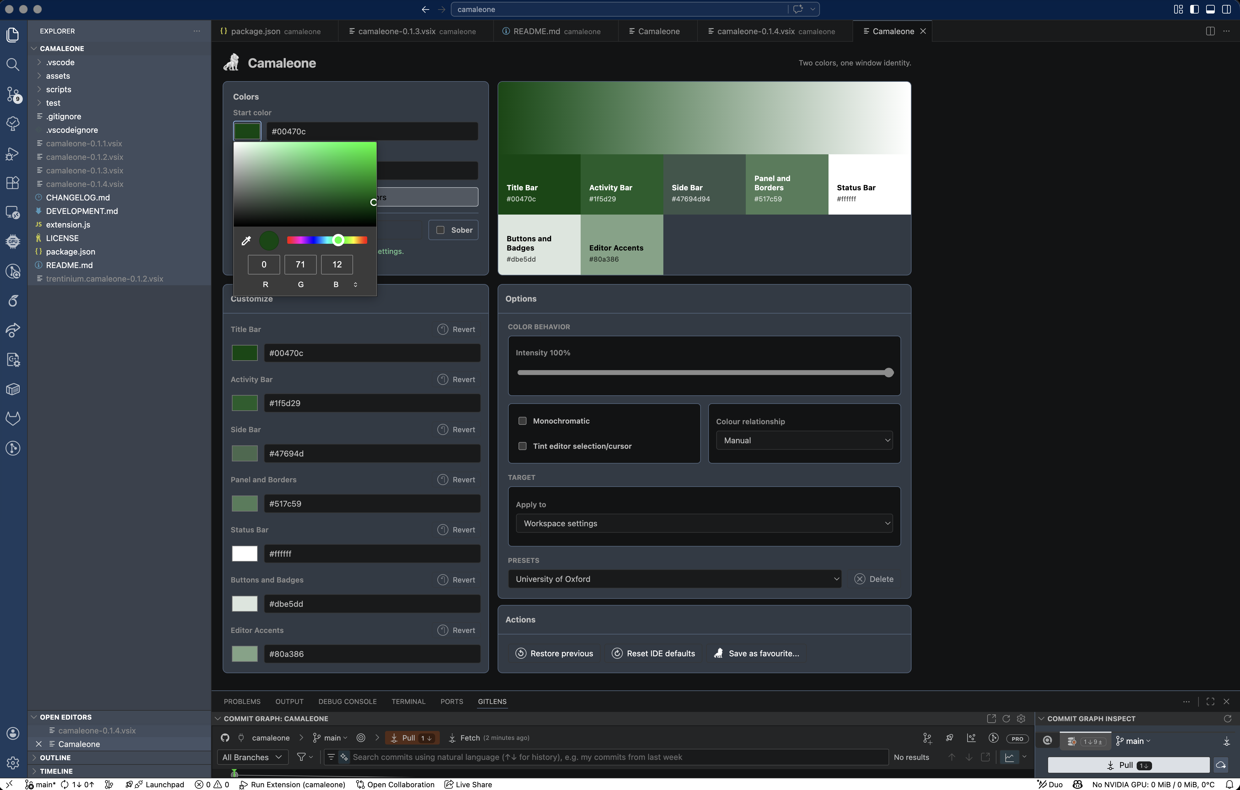 Camaleone green and white palette with the native color picker open
