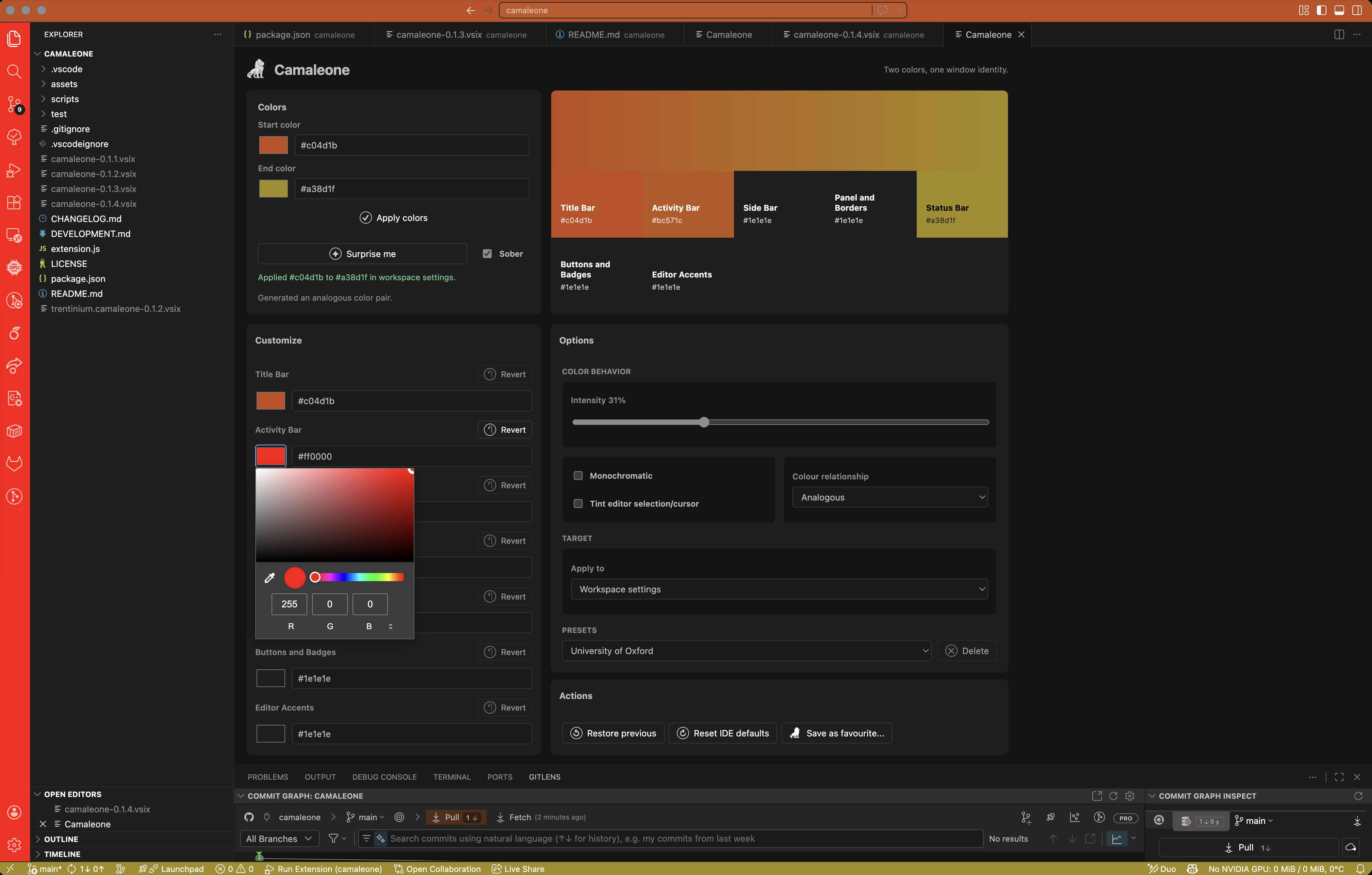 Camaleone red and yellow palette with the native color picker open