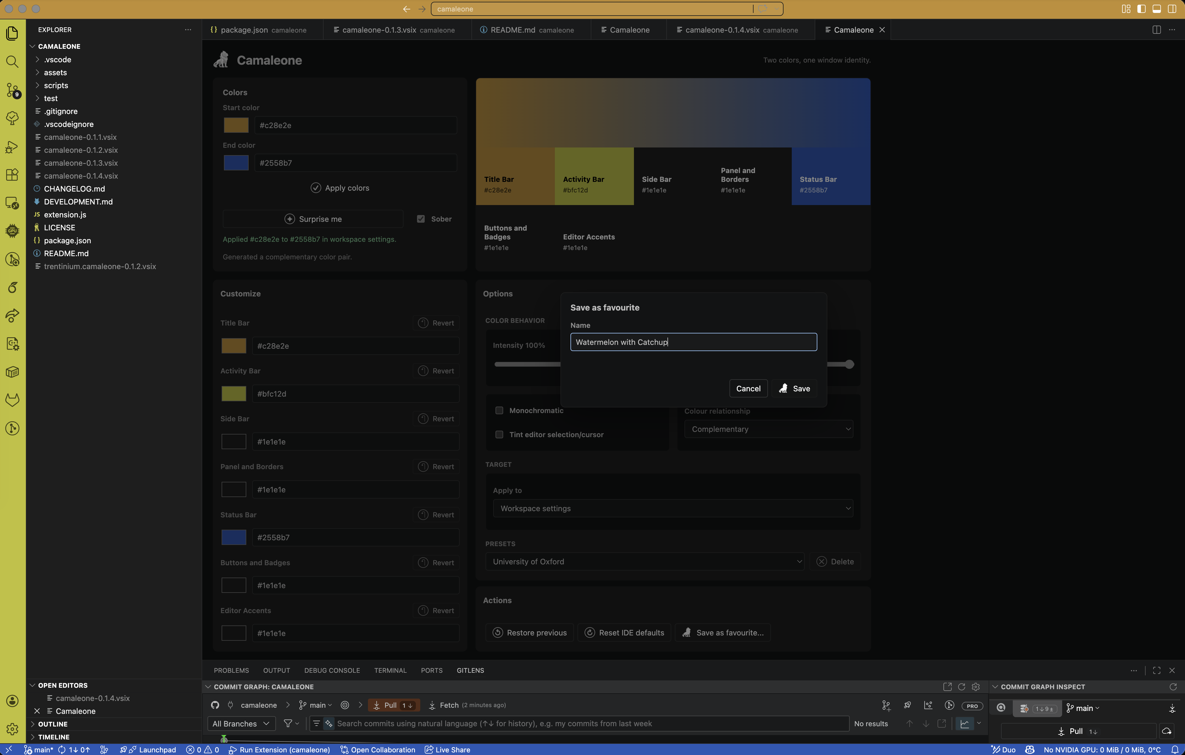 Camaleone muted yellow and blue palette with the save favourite dialog open
